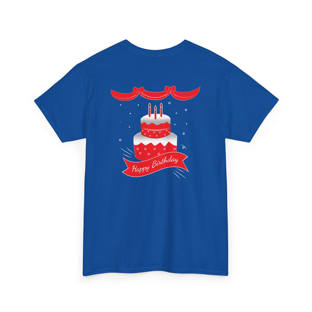 Happy Birthday Script & Cake Tee – Front & Back