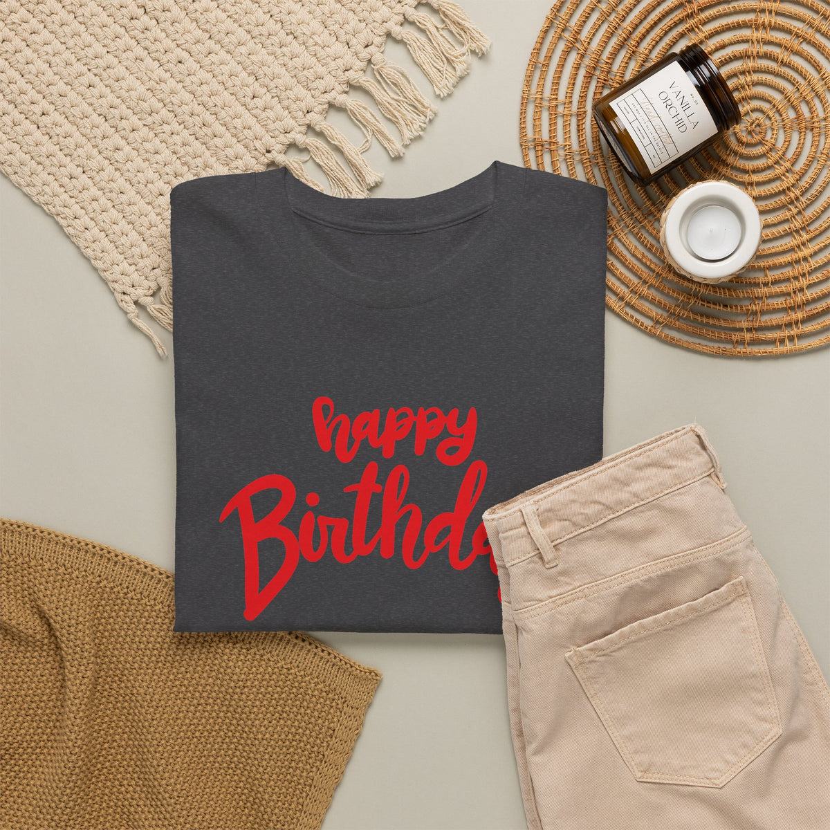 Happy Birthday Script & Cake Tee – Front & Back