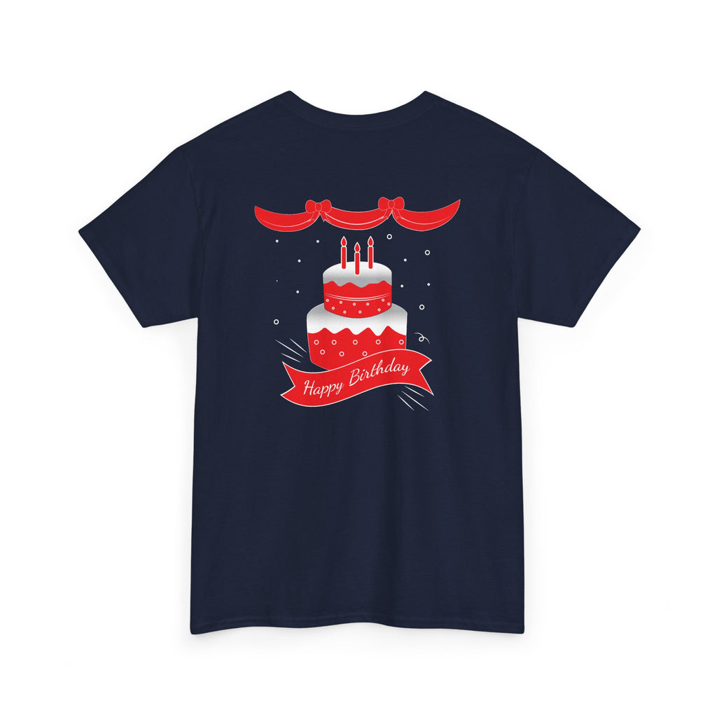 Happy Birthday Script & Cake Tee – Front & Back