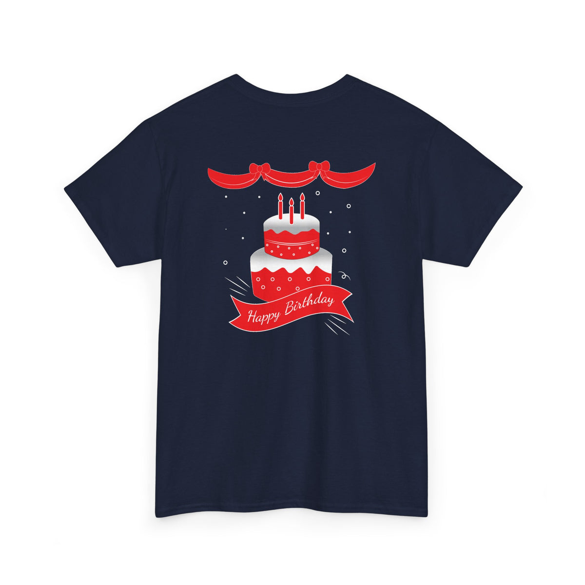 Happy Birthday Script & Cake Tee – Front & Back