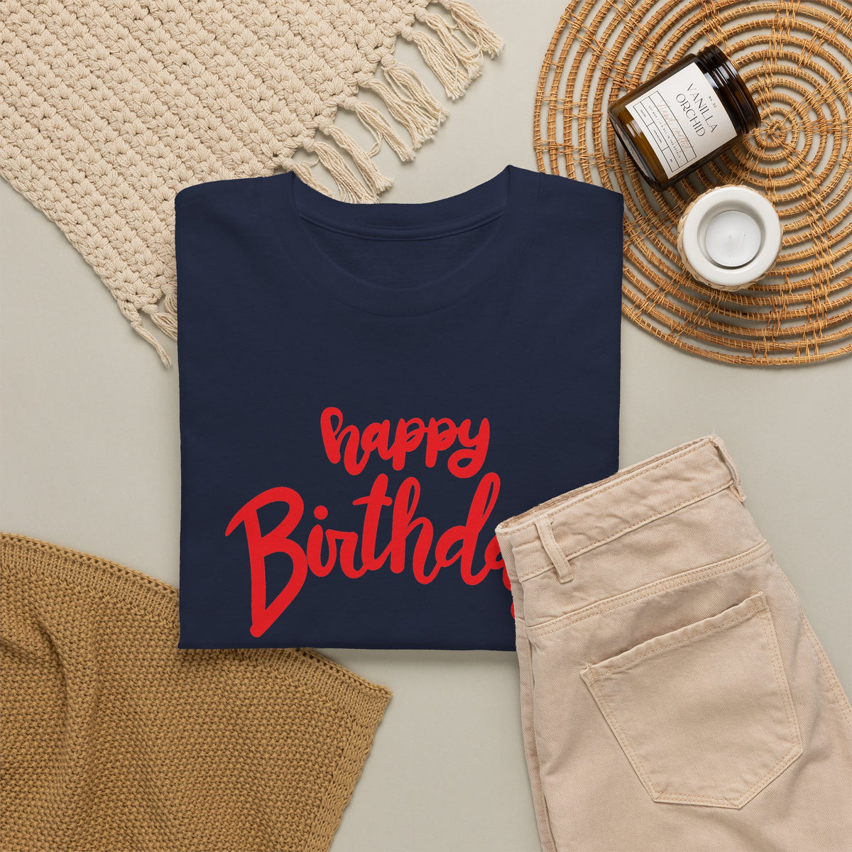 Happy Birthday Script & Cake Tee – Front & Back